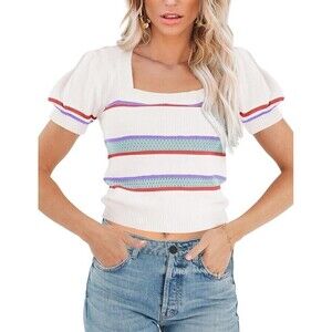 Womens Puff Short Sleeve Sweater Tops Crewneck Basic Knit Pullover Lightweight